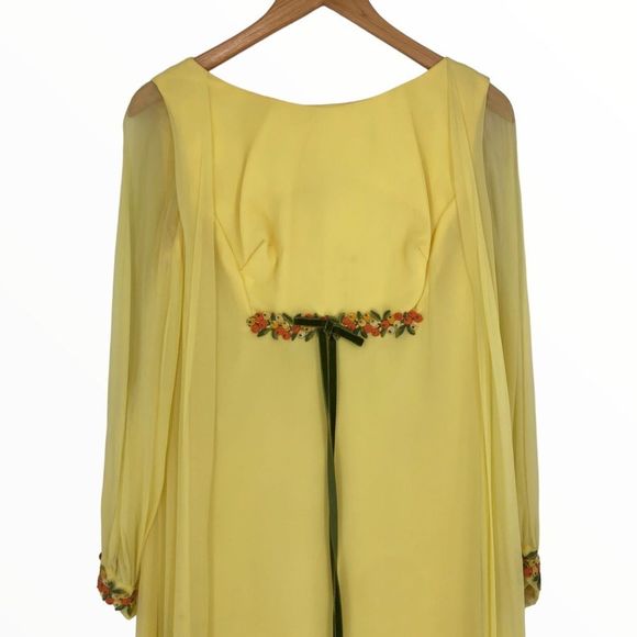 70’s Vintage Yellow Maxi Dress Embroidered Sheer Long Sleeve Ribbon Trim Gown - Picture 2 of 13